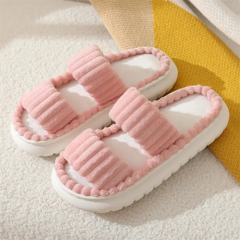 Women's Fluffy Open-Toe Sliders Shoes, Casual Plain Slide-On Slippers with Soft Antislip Rubber Sole, Cozy Low-Ankle Blush Pink Fluffy Fabric Footwear for Indoor-Bedroom Use