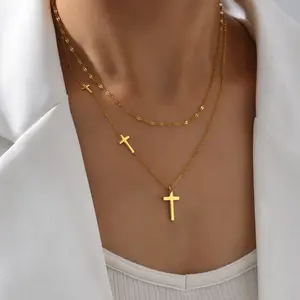 Titanium Steel Niche Cross Necklace Double Layer Choker Chain for Women, Ins Simple Forest Style Versatile Neck Chain