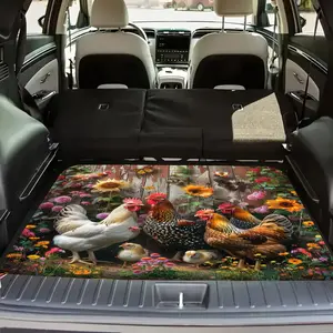 1pc Pastoral Chicken and Flower Trunk Mat, Car Accessory, Car Interior Accessory - Non-Slip, Durable Polyester, 39.37x29.53inch - Vibrant Farm Scene with Rooster, Chickens, and Blooming Flowers - Ideal for Car, Van, or Truck