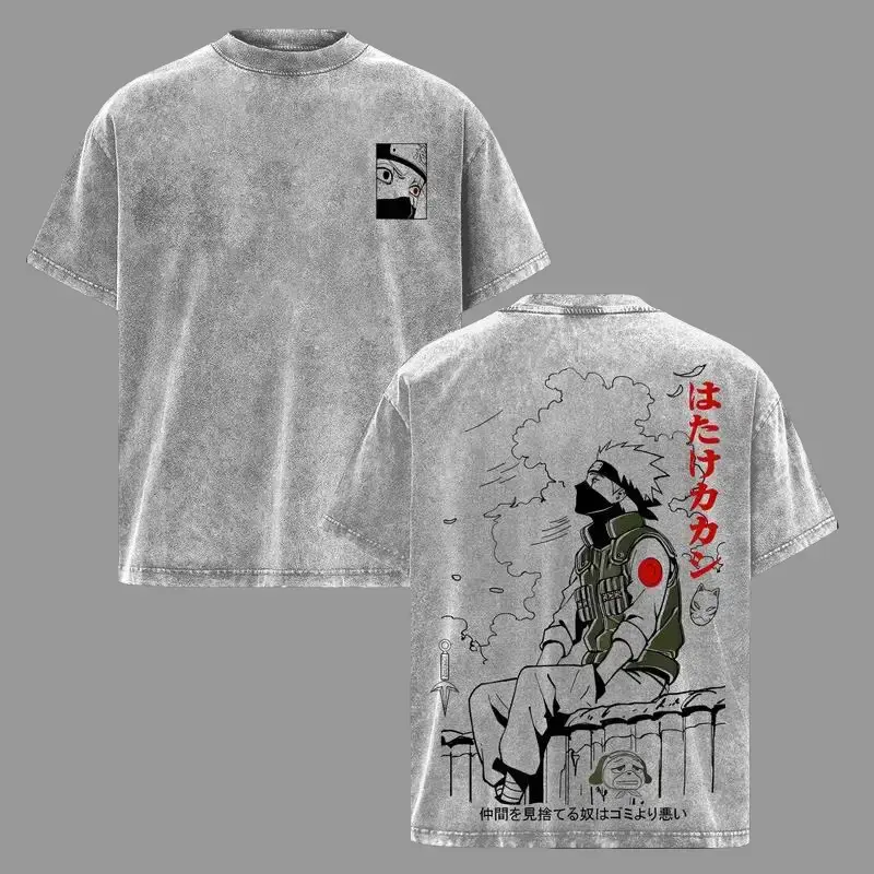 Menswear Unisex Vintage Washed Oversized Short-Sleeve T-Shirt - Naruto Anime Copy Ninja Hatake Kakashi Graphic Tee, Soft Cotton Casual Streetwear, Gift for Fans Crewneck Tshirt Menswear