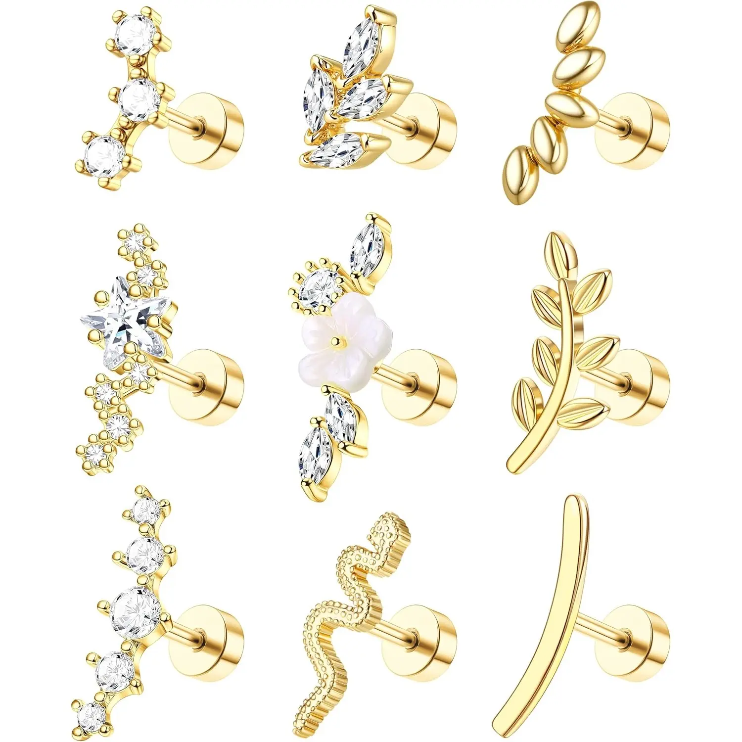 ZELORES Women's 9Pcs 16G Rose Gold Stainless Steel Flat Back Stud Earrings Set - Crystal-Encrusted Multi-Shape Body Jewellery for Helix, Cartilage Piercings (Boxed), Body Piercing Kit