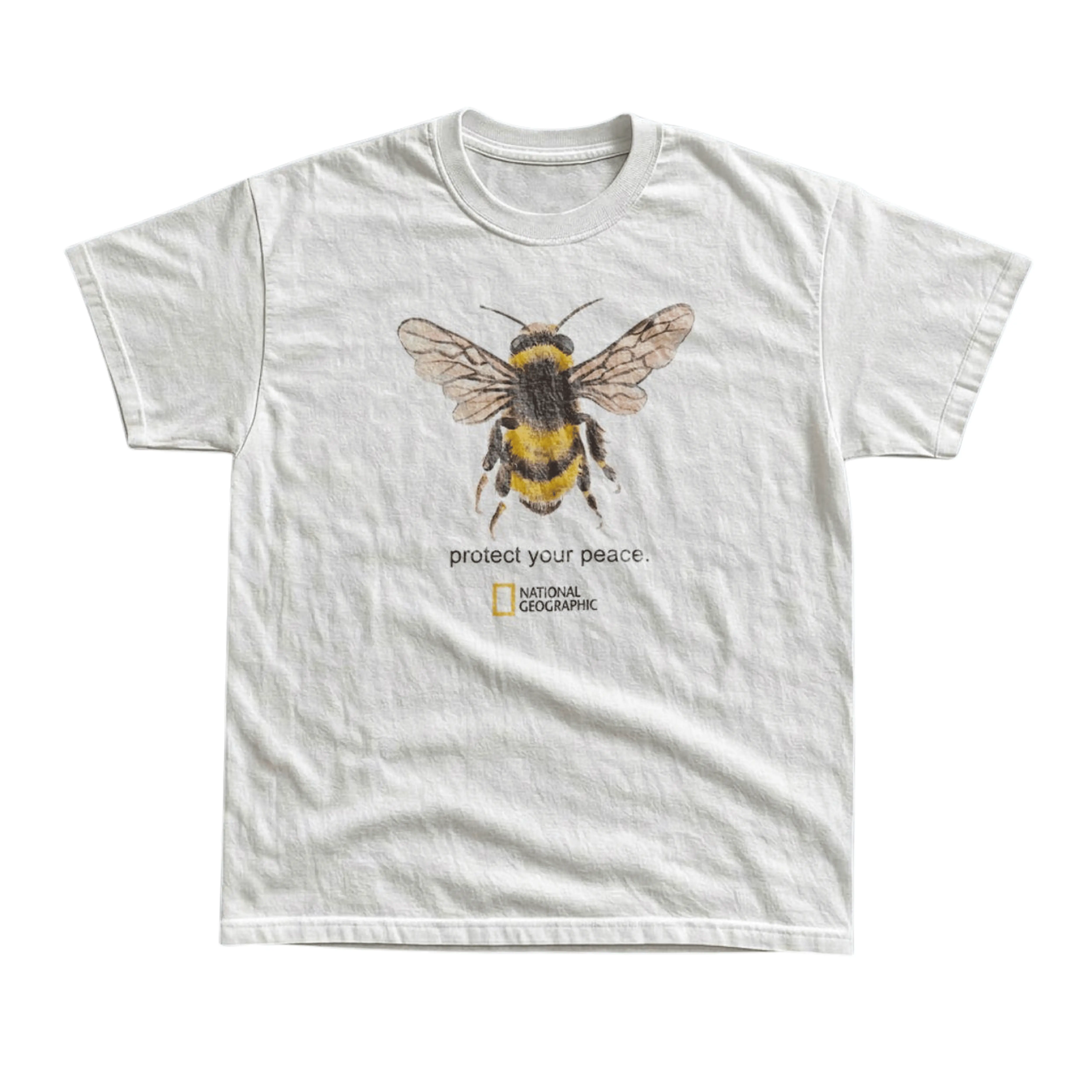 Gildan Men's and Women's T-shirt, Vintage Style National Geographic Bumblebee "Protect Your Peace" Graphic Tee, Detailed Bee Illustration, Cottagecore Aesthetic, Nature Lover Gift, Save The Bees, Inspirational Quote, Science Magazine Merch, Unisex Top.