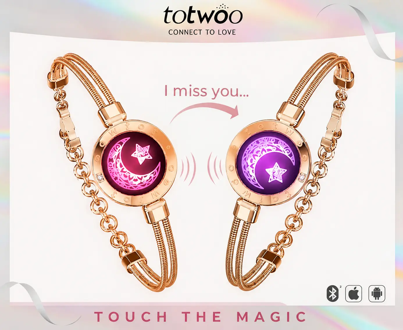 TOTWOO Couple Remote Touch Control Bracelets - Adjustable, Casual, Engraved Quote Everyday Smart Jewelry with Light & Vibration, Bluetooth App 1-1 Pairing, Unisex Fashion Accessory