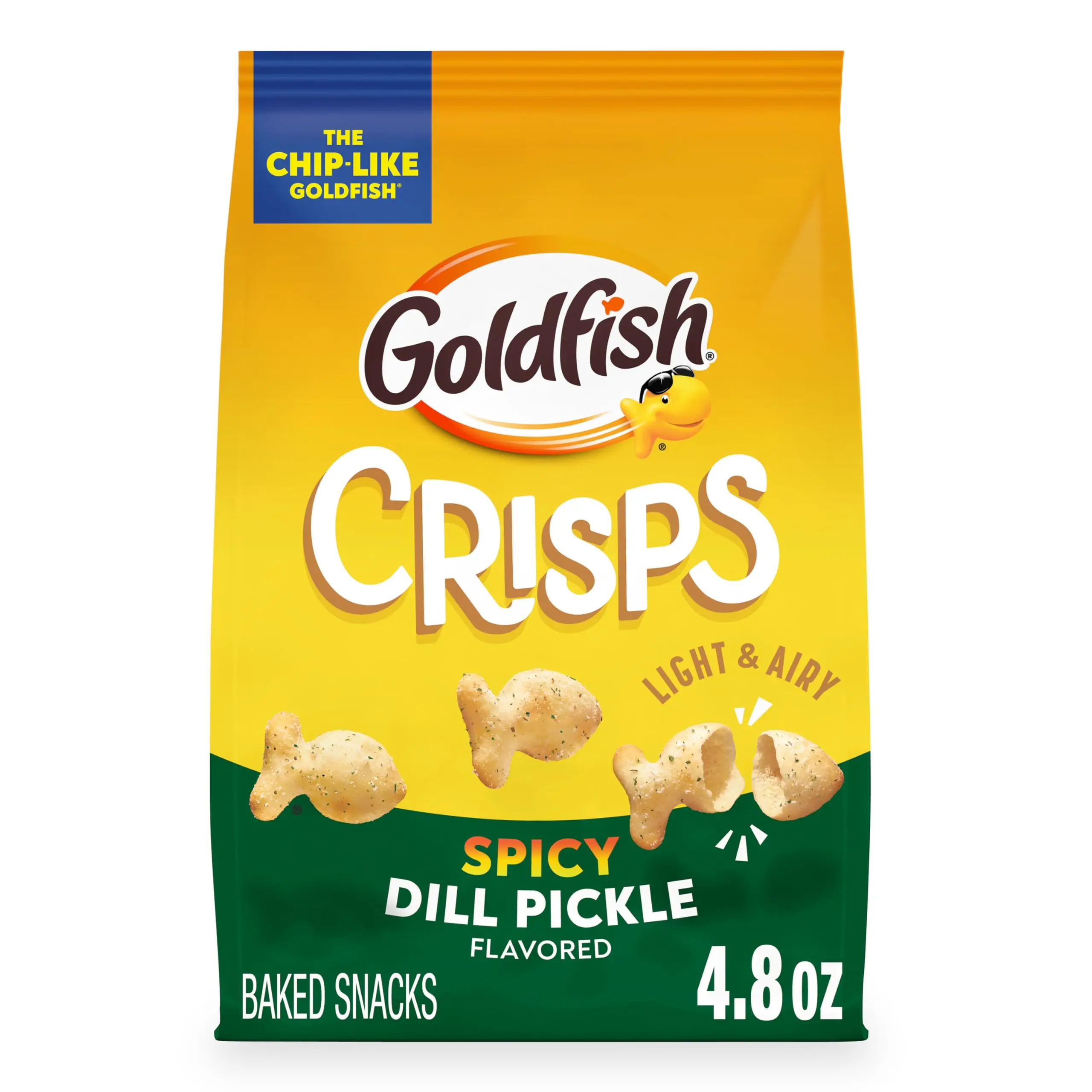 Crispy Goldfish Baked Crunchy Chips - Cheese Flavor, Tangy Spicy Dill Pickle Flavor Spicy Snacks, 4.8 Oz Snack Packs, Dry Spicy Snack