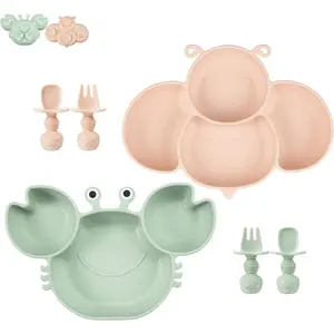 2 Pack  Suction Plates for   with 4 Spoons Self Feeding, Divided Unbreakable  Plates with Suction,  Plates and Utensils Set,  Dishes, Green Crab &  Bee