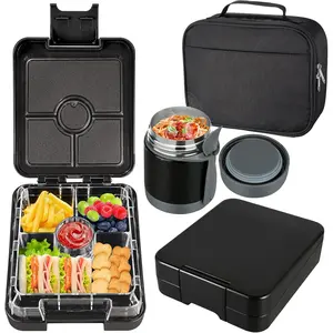 Bento Lunch Box Set for  with 10oz Soup Thermo, Leak-Proof Lunch Containers with 4 Compartment,  Thermo Hot  Jar and Insulated Lunch Bag for  to School,(Black)