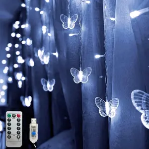 Butterfly Curtain Fairy Lights USB Plug in,8 Modes 120 LED 20FT  Twinkle Timer String Lights with Remote,  Copper Wire for Bedroom Patio Christmas Wedding Party (Cool White)