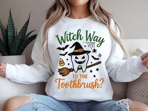 Witch Way to the Toothbrush T-shirt | Halloween Tooth with Broom Design Graphic | Funny Dental Hygienist Shirt
