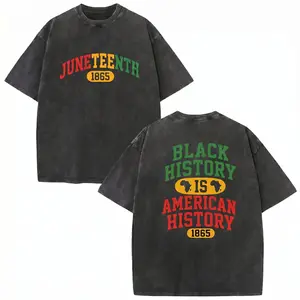 Vintage Relaxed Distressed Wash Cotton Short Sleeve Top Juneteenth Themed T Shirt Colorful Text Front Black History African Map Slogan Back Print Street Hip Hop Outfit For African American Cultural Parade Daily Wear