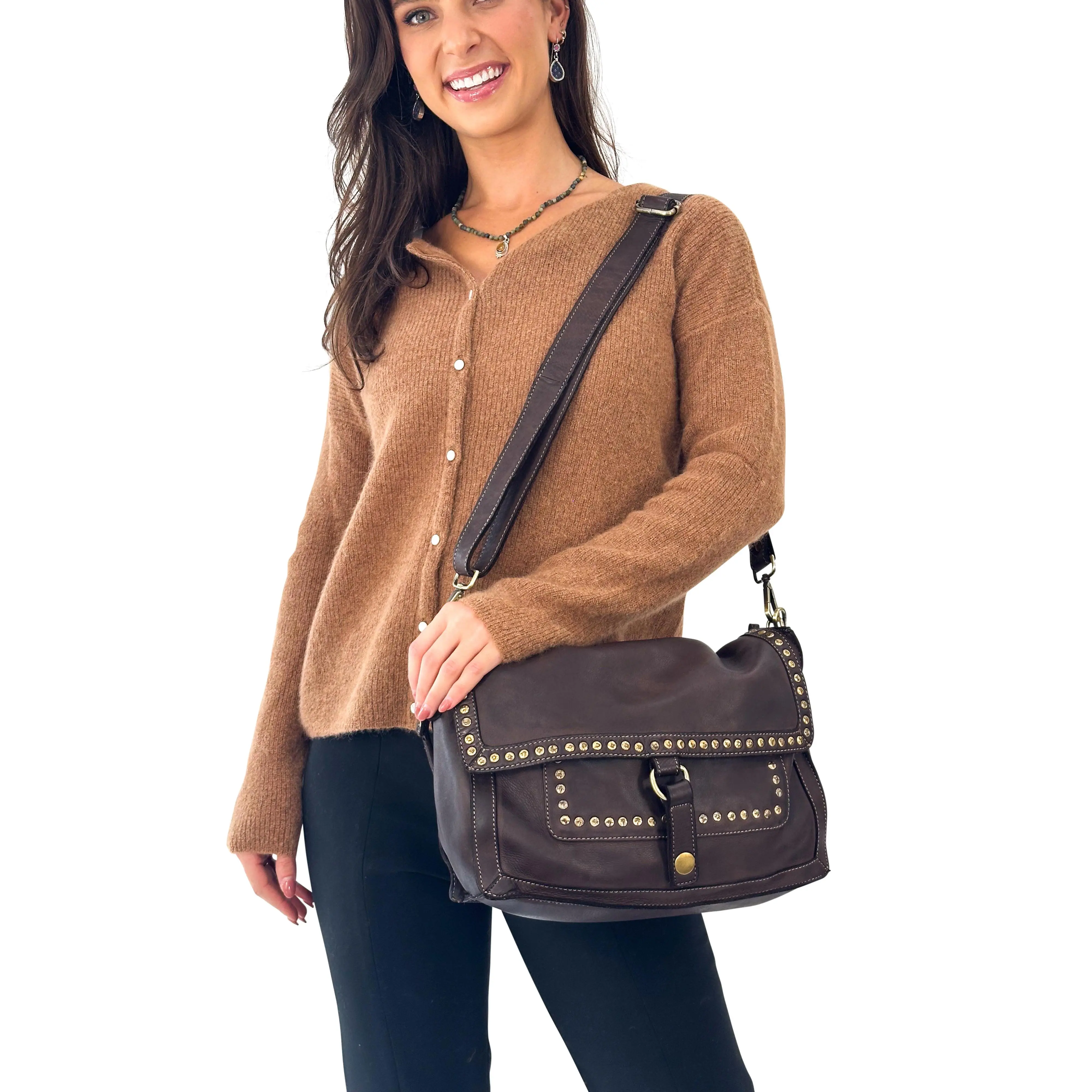 Emily Studded Shoulder Bag in Chocolate
