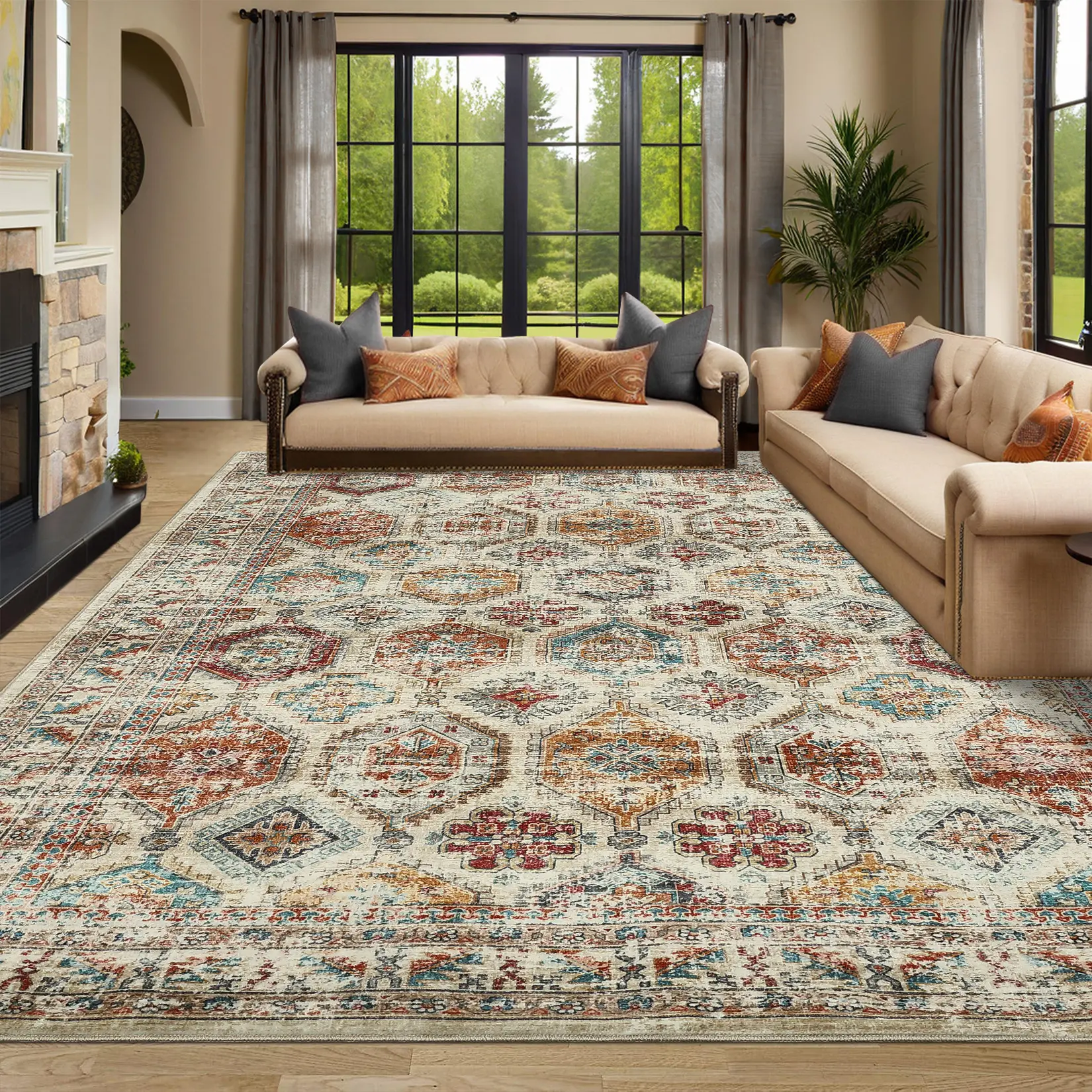 Vintage Washable Carpet Flower Print Rug Short Pile Non-Slip Carpet Foldable Indoor Rug For Living Room Dining Room Office Bedroom Persian Carpet