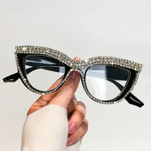 2-Pcs Women's Cat Eye Rhinestone Full-Frame Glasses Polycarbonate Lenses Black & Translucent Sparkling Crystals Anti-Blue Light Screen Protection High Quality Eyewear