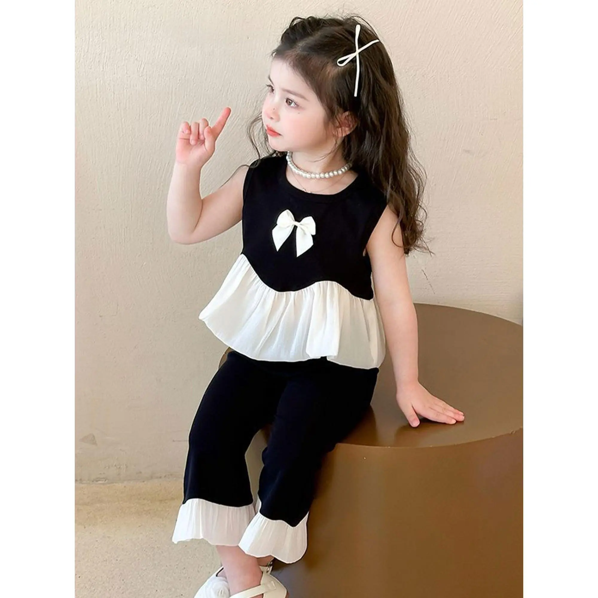 Girls Statement Vest & Flare Pants 2-Piece Set - 2026 Summer Outfit with 3D Bow Front, Elegant Coord for Valentine's Day, Easter & Special Occasions