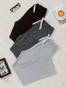 Women's Sleepwear Set, Basic Pure Color Long Pajama Pants with Bowknot Decoration, Casual Fitted Design, All-Season Comfortable Wear, Loungewear, Pyjamas