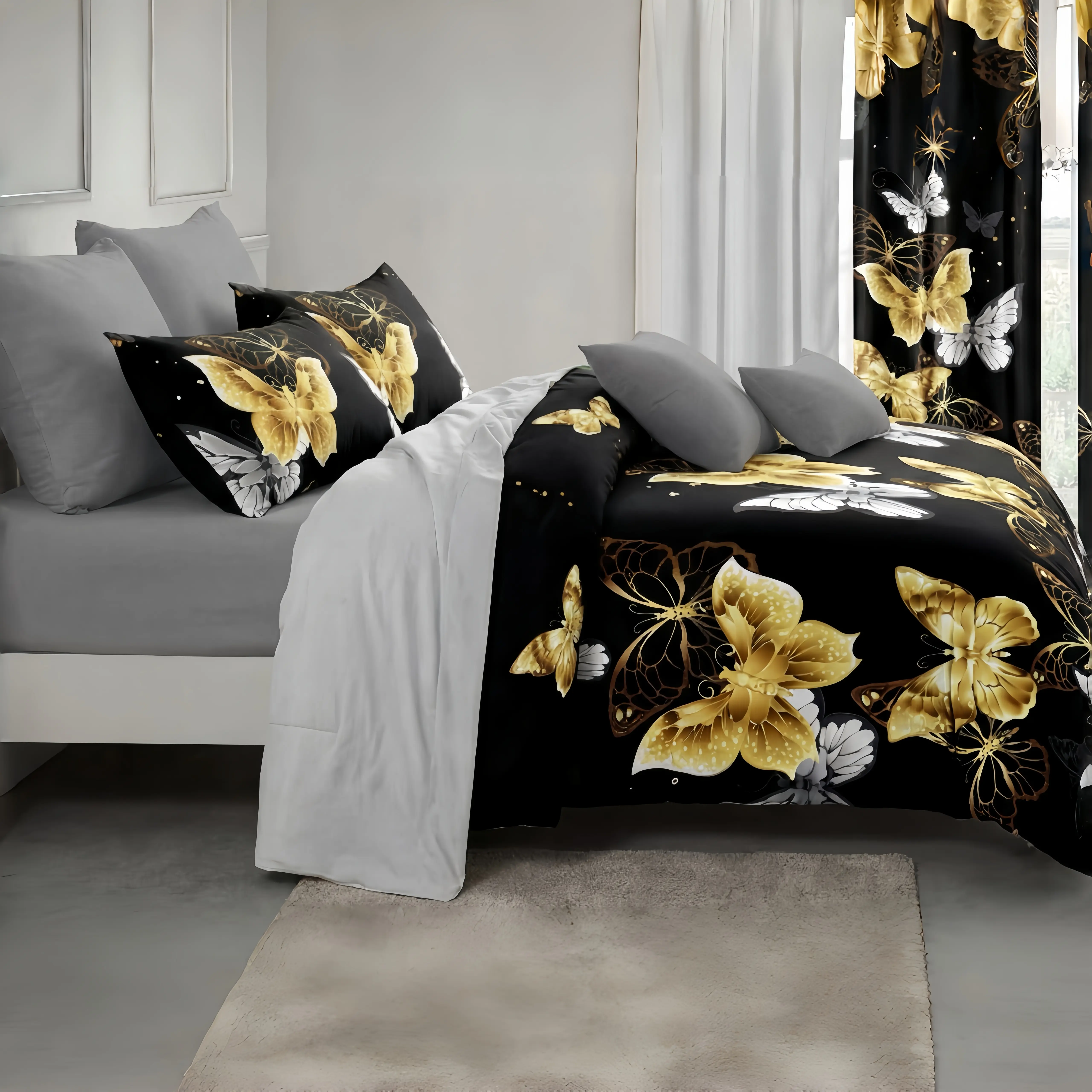 Black Golden Butterfly 9-Piece Bedspread Quilt Set – 2-in-1: Lightweight Quilt in Summer, Cozy Bedspread Year-Round. Includes 2 print + 4 solid curtains + 2 pillowcases | Ultra-soft microfiber, elegant boho print, machine washable