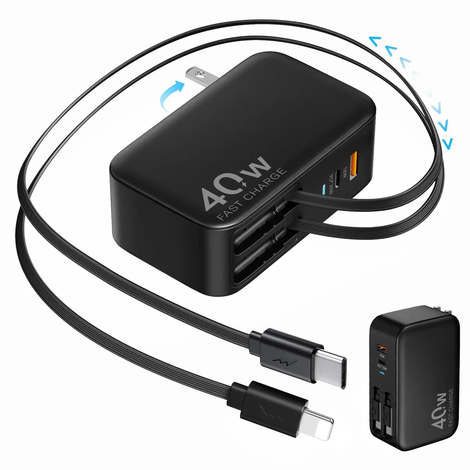 4-in-1 Retractable Wall Charger with Dual USB Ports and 90cm Lightening and Type-C Cables, 40W Fast Charging Foldable Block Compatible with ipad,iPhone 16/15, airpods,Galaxy, Pixel, and More