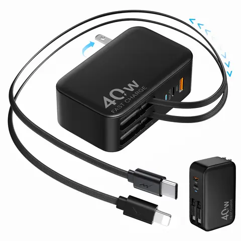 40W GaN-6 Chip Fast Charger, 4-in-1 Foldable Retractable Wall Block, Portable Travel Compatible Charger with Dual USB Ports, 90cm Lightning-USB Type-C Cables, Charge 4 at Once for iPhone 16/15, iPad, AirPods