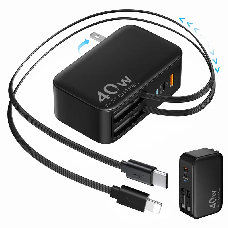 40W GaN-6 Chip Fast Charger, 4-in-1 Foldable Retractable Wall Block, Portable Travel Compatible Charger with Dual USB Ports, 90cm Lightning-USB Type-C Cables, Charge 4 at Once for iPhone 16/15, iPad, AirPods