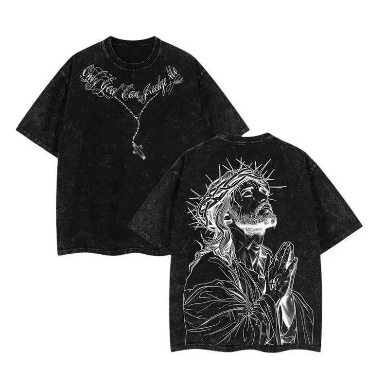 Retro Washed "Only God Can Judge Me" Jesus Rosary T-Shirt, Black Oversized Casual Top, Christian Grunge Aesthetic Apparel, Ideal For Everyday Style & Relaxed Daily Attires