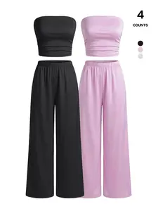 Women's 2 Piece Knit Lounge Set Strapless Tube Top and High Waisted Wide Leg Pants Casual Sweatsuit Womenswear