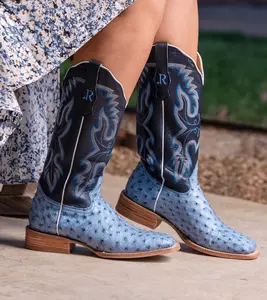 R. Watson Women's Denim Blue Full Quill Ostrich Square Toe Western Cowgirl Boots RWL4303-2
