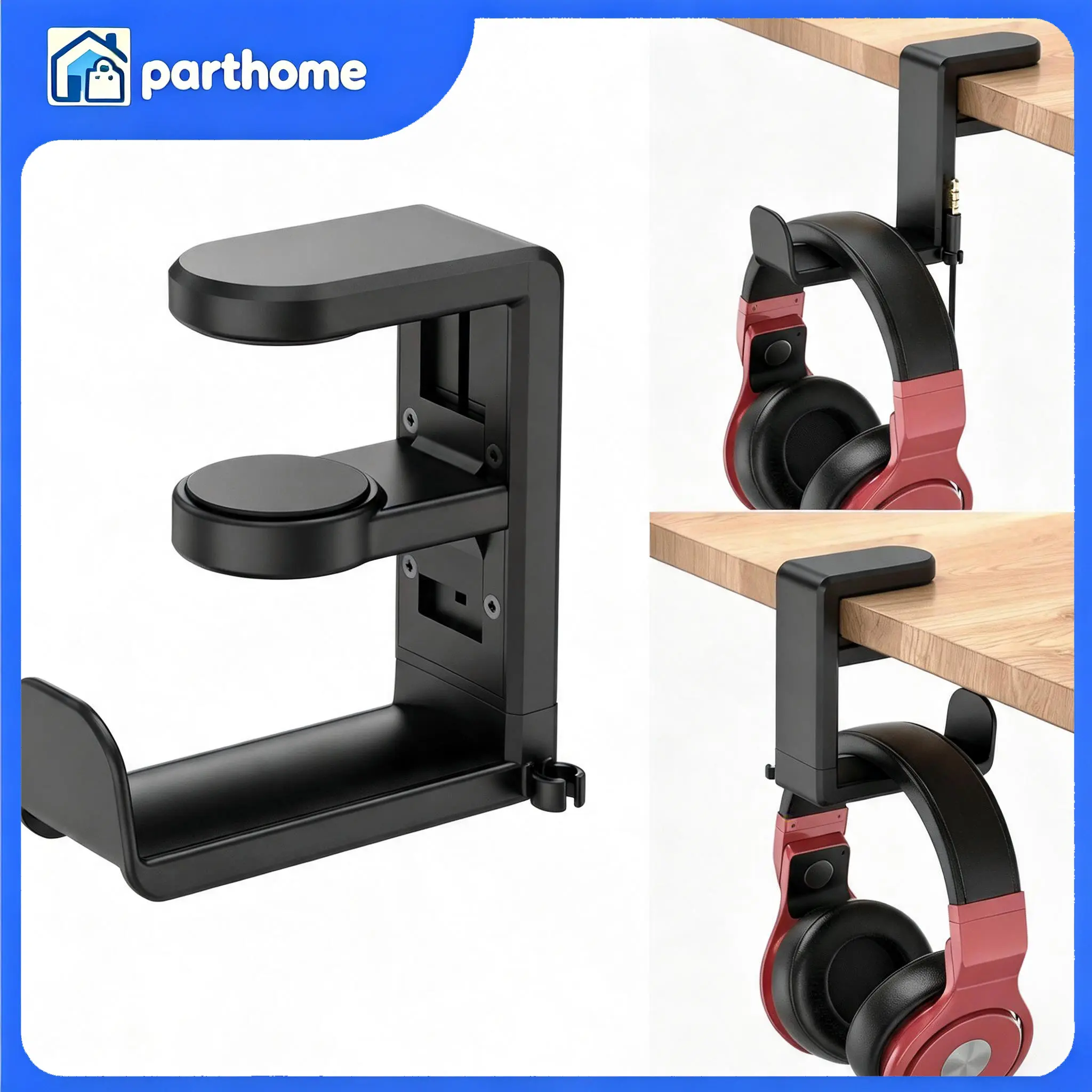 Black 360° Rotatable Clamp-On Headphone Holder Mount - 1 Headset Hook, 0.4-1.6" Thick Under Desk Accessory for Gamers, Detachable with Cable Clip, Rubber & Silicone Organizer, Audio Accessories, Protection