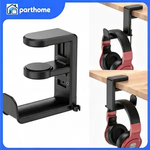 360° Rotating Adjustable Clamp-on Headphone Holder Mount, Detachable Under Desk Headset Hanger with Cable Clip, Rubber & Silicone Audio Accessory for PC Gaming, Black