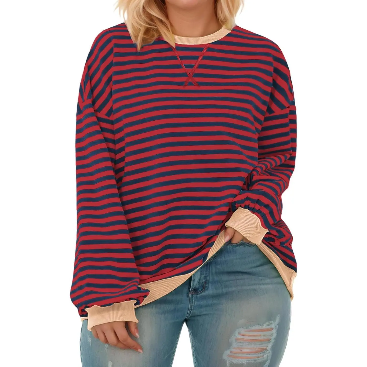 Women's Plus Size Oversized Striped Colorblock Sweatshirt - Long Sleeve Casual Crewneck Comfy Pullover, Soft Polyester Fabric, Fashion Fit for Everyday Day Wear, XL-5XL, RPS2132