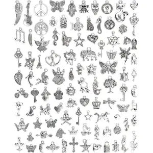 Wholesale Bulk Lots Jewelry Making Silver Charms Mixed Smooth Tibetan Silver Metal Charms Pendants DIY for Necklace Bracelet Jewelry Making and Crafting, 100 PACK