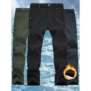 Men's Winter Fleece Lined Straight Leg Pants, Windproof Waterproof Warm Outdoor Long Pants with Waist Belt, Hiking Camping Climbing Skiing Soft Shell Pants