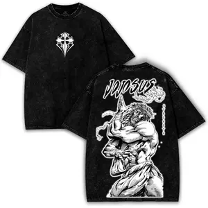 Retro Washed Black Oversized T-Shirt, Gothic Cross Logo & Muscular "JOJOSUS" Character Print Casual Short Sleeve, Unisex Streetwear for Men & Women, Loose Fit for Outdoor & Daily Wear