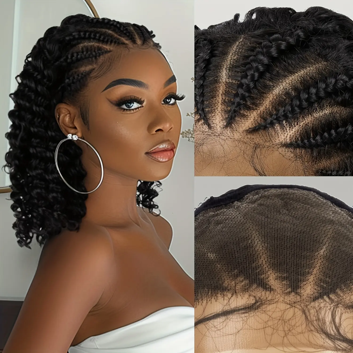 16 Inch Black Long Wavy Braided Lace Wigs for Women, Gorgeous Fluffy Wigs with Baby Hair Bangs, Synthetic Braided Full Lace Wigs for Party, Daily Use
