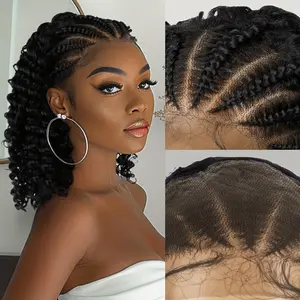 16 Inch Black Long Wavy Braided Lace Wigs for Women, Gorgeous Fluffy Wigs with Baby Hair Bangs, Synthetic Braided Full Lace Wigs for Party, Daily Use