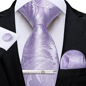 light Purple Paisley Floral Men's 8cm Necktie Handkerchief Cufflinks Wedding Prom Groom Cravat Polyester Tie Set Gift for Men