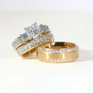 Lvrong Couple Rings Matching Rings Yellow Gold Plated 1.5ct Heart AAA CZ 2pcs Women Wedding Ring Sets For Him And Her Ring Sets Men Titanium Steel Wedding Band