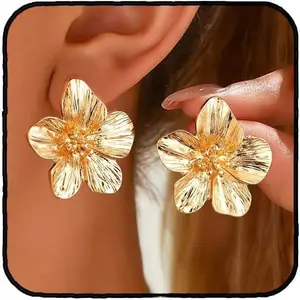 Large Gold Flower Earrings for Women, Chunky Petal Design White & Gold Stud Earrings, Lightweight Hypoallergenic Stainless Steel Jewelry for Party, Holiday Festive Fall Outfits, Elegant Gifts for Her