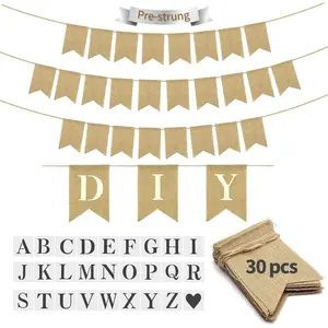 30pcs Burlap DIY Brown Banner Set– Includes Letter & Heart Stencils, Personalized Banner for Handwriting Custom Signs for Birthday, Wedding Holiday Decor (5.1x7.1 inch)