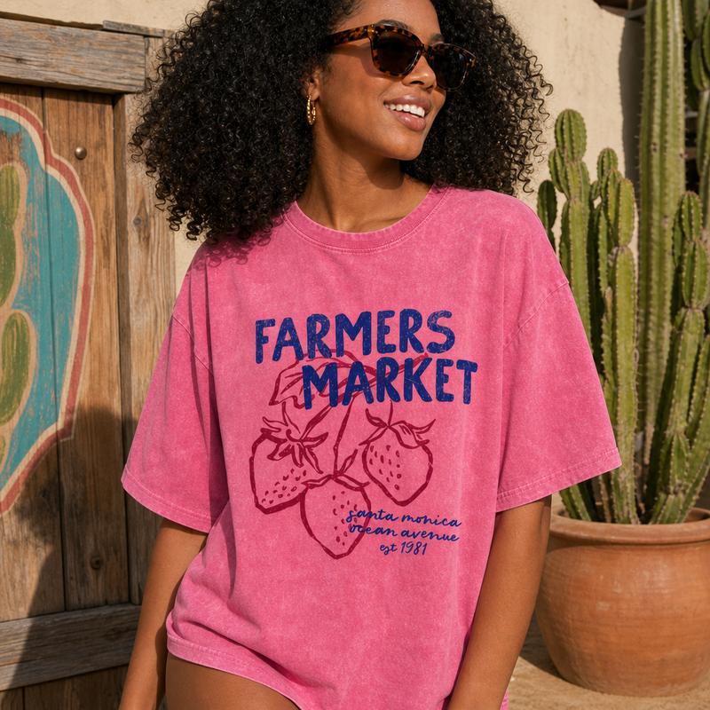 Coastal Grandmother Aesthetic Graphic Tee Women Soft Washed Cotton Farmers Market Strawberry Shirt S-5XL