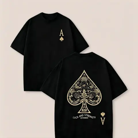 2026 Summer New Arrivals Men's Round Neck Soft Loose Casual Short-Sleeve Baggy Graphic T-Shirt - Lettering & Ace of Spades Prints, Comfortable Fabric Menswear, Oversized XL Sports Streetwear Male Clothing Top