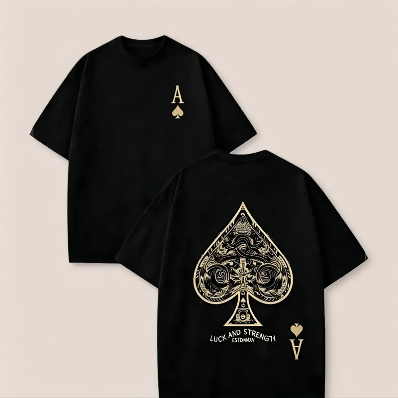 2026 Summer New Arrivals Men's Round Neck Soft Loose Casual Short-Sleeve Baggy Graphic T-Shirt - Lettering & Ace of Spades Prints, Comfortable Fabric Menswear, Oversized XL Sports Streetwear Male Clothing Top