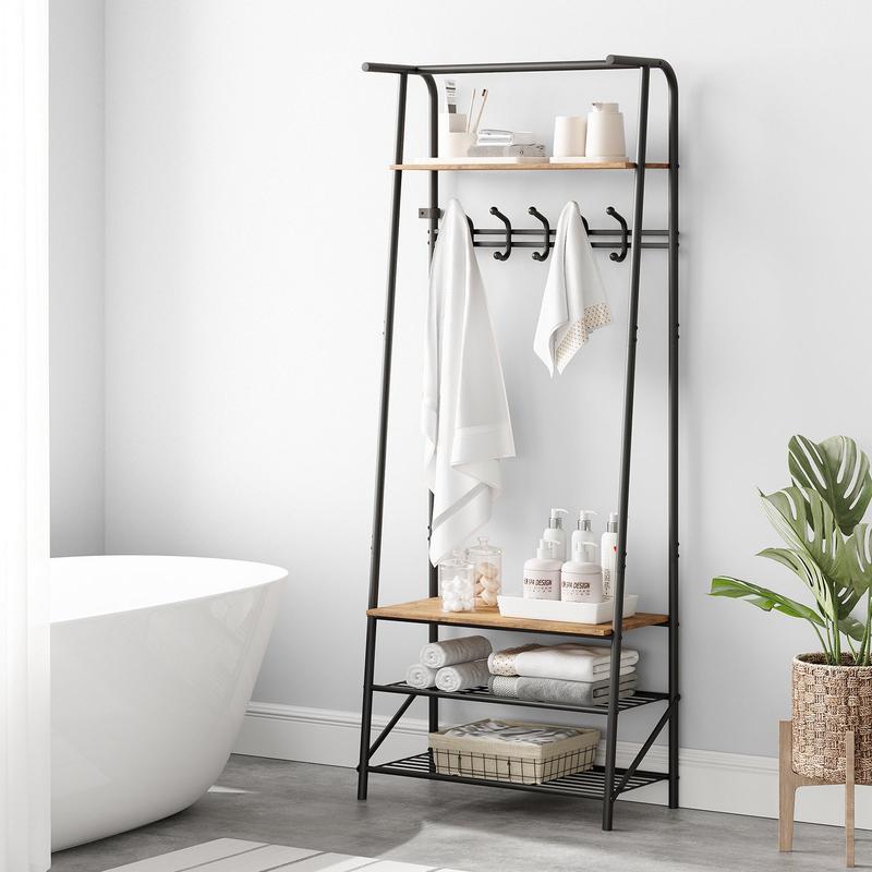 【GARVEE】Multifunctional Coat Rack Shoe Bench with 5 Hooks + Wood Look + Metal Frame + Top Shelf + C-shaped Hooks + Sturdy Frame + Entryway Organizer