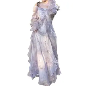 Gold Foil Ruffle Long Sleeve Dress Early Autumn Pure Desire Fairy Gray-Blue Gradient Ruffle Long Sleeve Dress Casual Womenswear Forest Formal