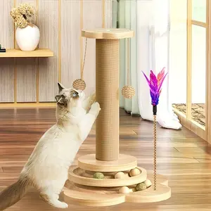 Multi-Level Cat Scratching Post with Toys – Sisal Scratcher, Ball Track & Feather Toy for Indoor Cats