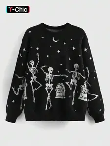 Women's Halloween Skeleton & Star & Moon Print Round Neck Soft Sweater, Casual Long Sleeve Crew Neck Jumper for Fall, Halloween Costumes, Fashion Ladies' Knitwear for Daily Wear, Everyday, Womenswear, Knitting, Tops