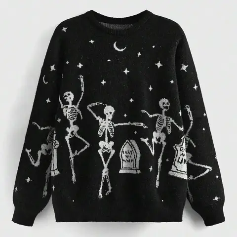 Women's Halloween Skeleton Star Moon Print Round Neck Soft Sweater, Casual Long Sleeve Crew Neck Jumper, Halloween Costumes, Ladies' Fashion Clothing for Fall Winter, Graphic Knitwear for Daily Wear, Womenswear