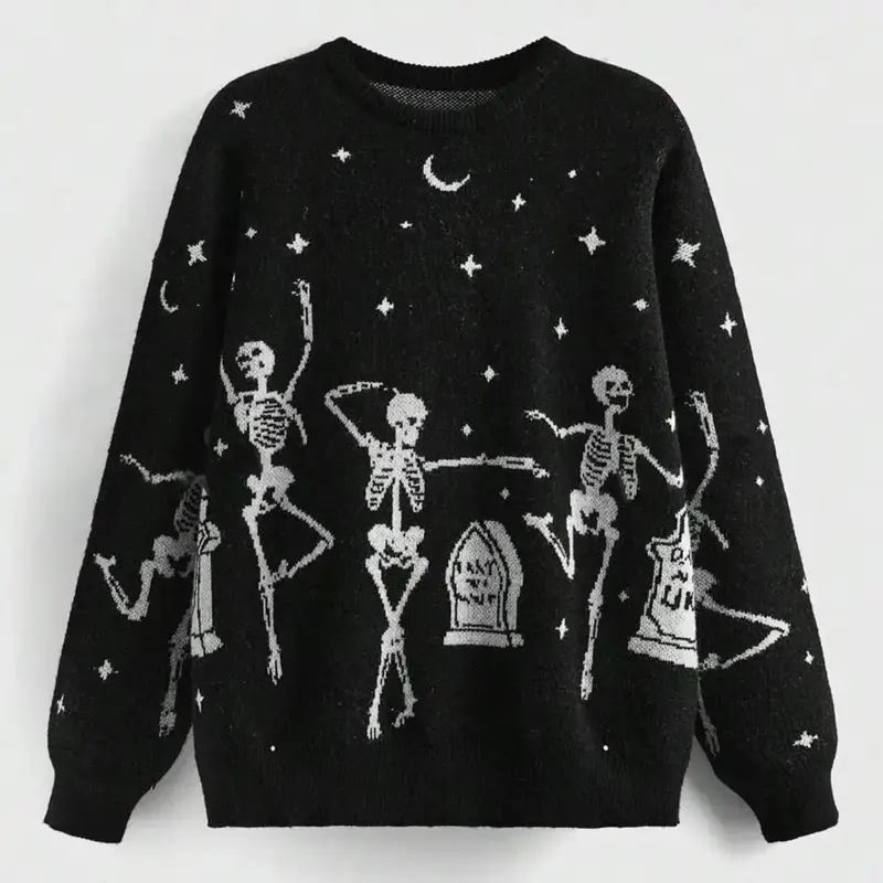 Women's Halloween Skeleton Star Moon Print Round Neck Soft Sweater, Casual Long Sleeve Crew Neck Jumper, Halloween Costumes, Ladies' Fashion Clothing for Fall Winter, Graphic Knitwear for Daily Wear, Womenswear