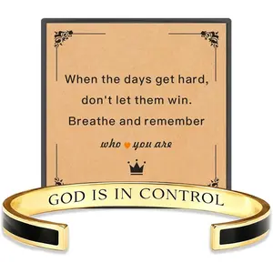 Motivational Cuff Bracelet for Women, God Is In Control Let Them Bracelet for Women Stainless Steel Color Inspirational Bangle with Engraved  Message  Gifts