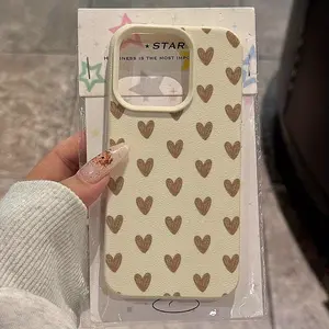 Phone Case - Hand-Painted Brown Heart Easy Pattern for Iphone16Promax Phone Case 16/16PLUS/15PROMAX/15PRO/15PLUS/15/14PROMAX/14PRO/14PLUS/14/13PROMAX/13PRO/13/12PROMAX/12PRO/12/11PROMAX/11PRO/11/X/XR/XSMAX Leather Texture, Anti-Fall, Premium