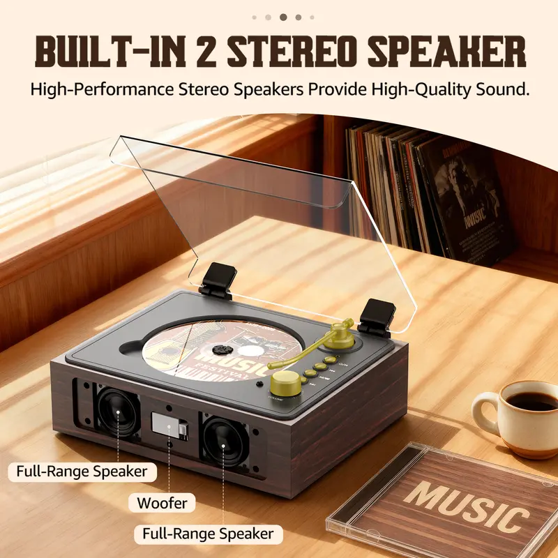 Vintage Walnut Brown Wooden CD Player - BT Input, Built-in Stereo Speakers, Remote Control, Headphone Jack, Aux/USB Inputs for Home & Office