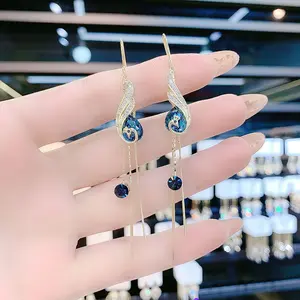 Fashionable Internet Celebrity Blue Peacock Ear Thread Earrings New Trendy Long Phoenix Crystal Tassel Earrings aE50109-EH